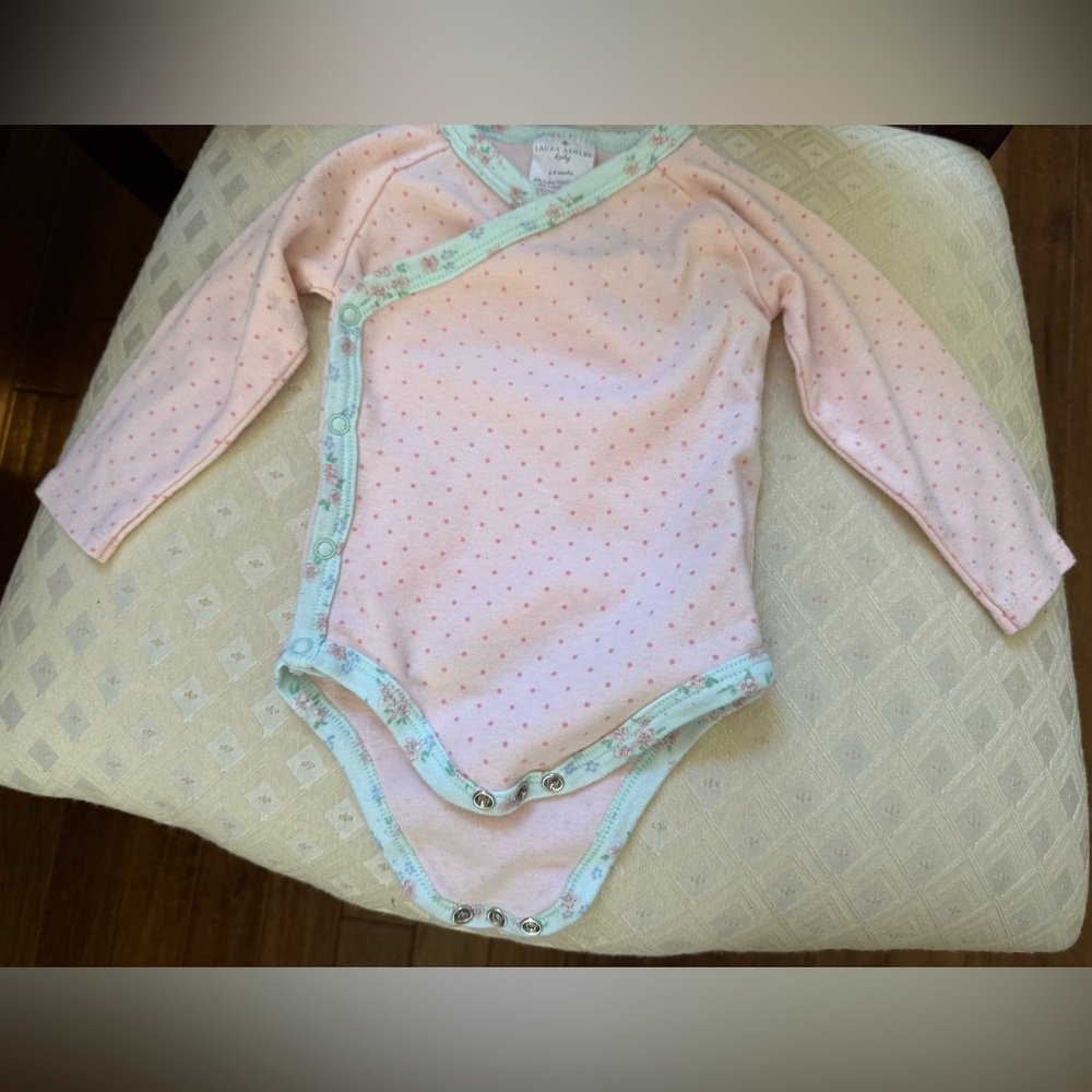 Laura Ashley Pink Polka Dot Blue trim wrap onesie 6-9 months 6m 9m baby girl